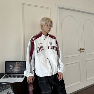 DHSS美式街头字母重磅刺绣赛车服外套男女宽松立领拼色机车外套