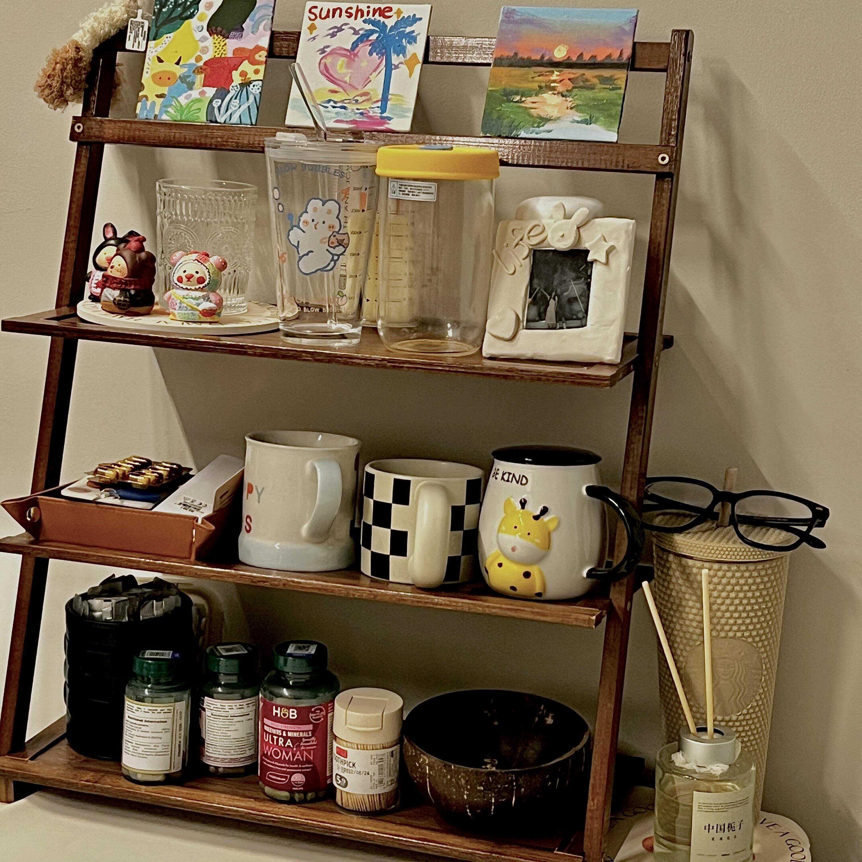 书架桌面置物架多层收纳架杯子杂物分层收纳架子实木家用收纳神器