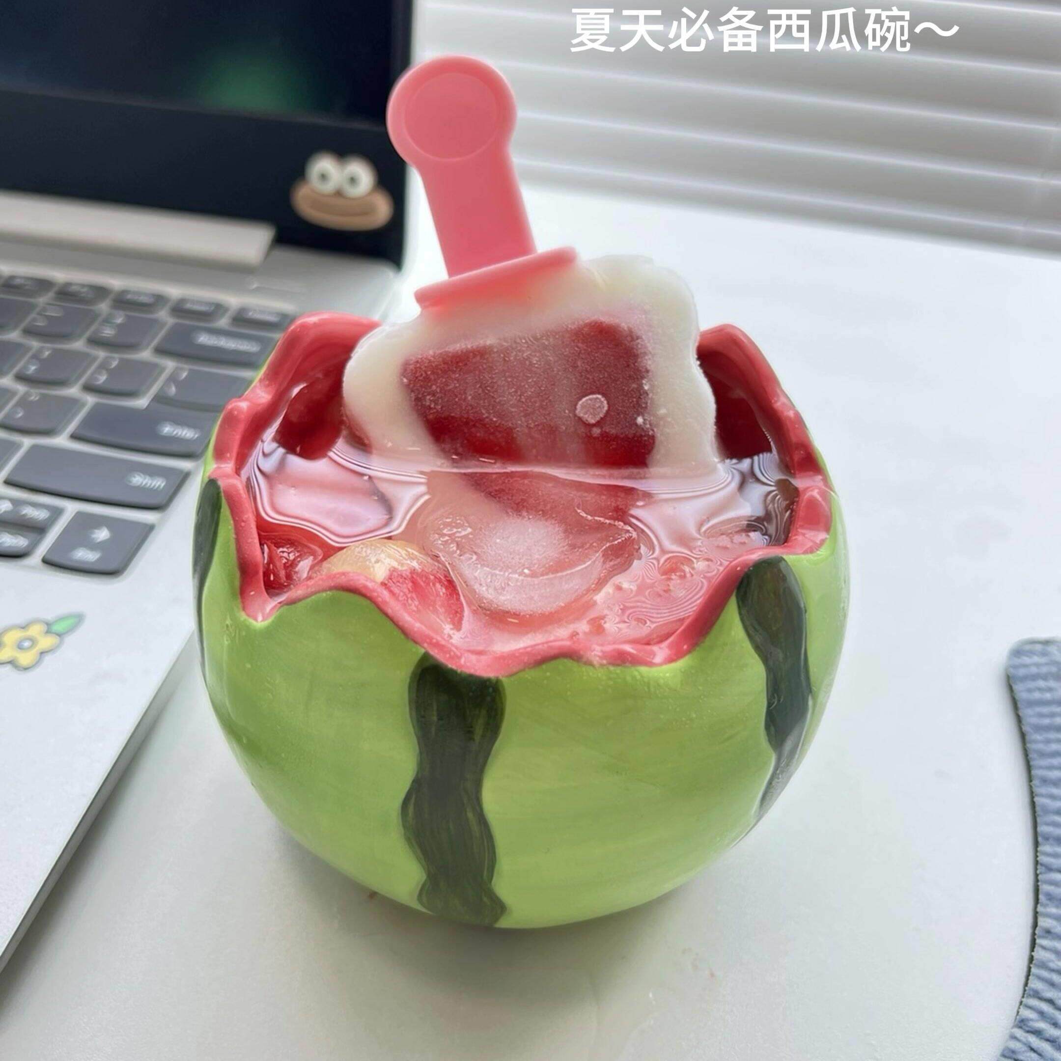 西瓜杯子陶瓷碗家用高颜值喝水杯泡面碗带盖大容量果盘沙拉碗礼物