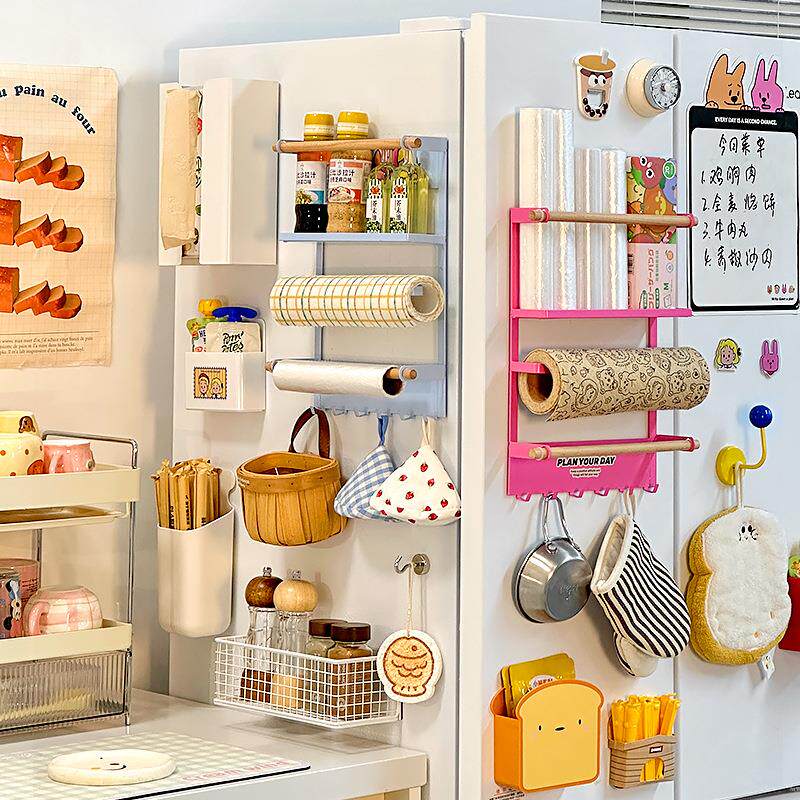 新款多巴胺冰箱磁吸置物架外侧面收纳神器珐瑯板保鲜膜纸巾架挂钩