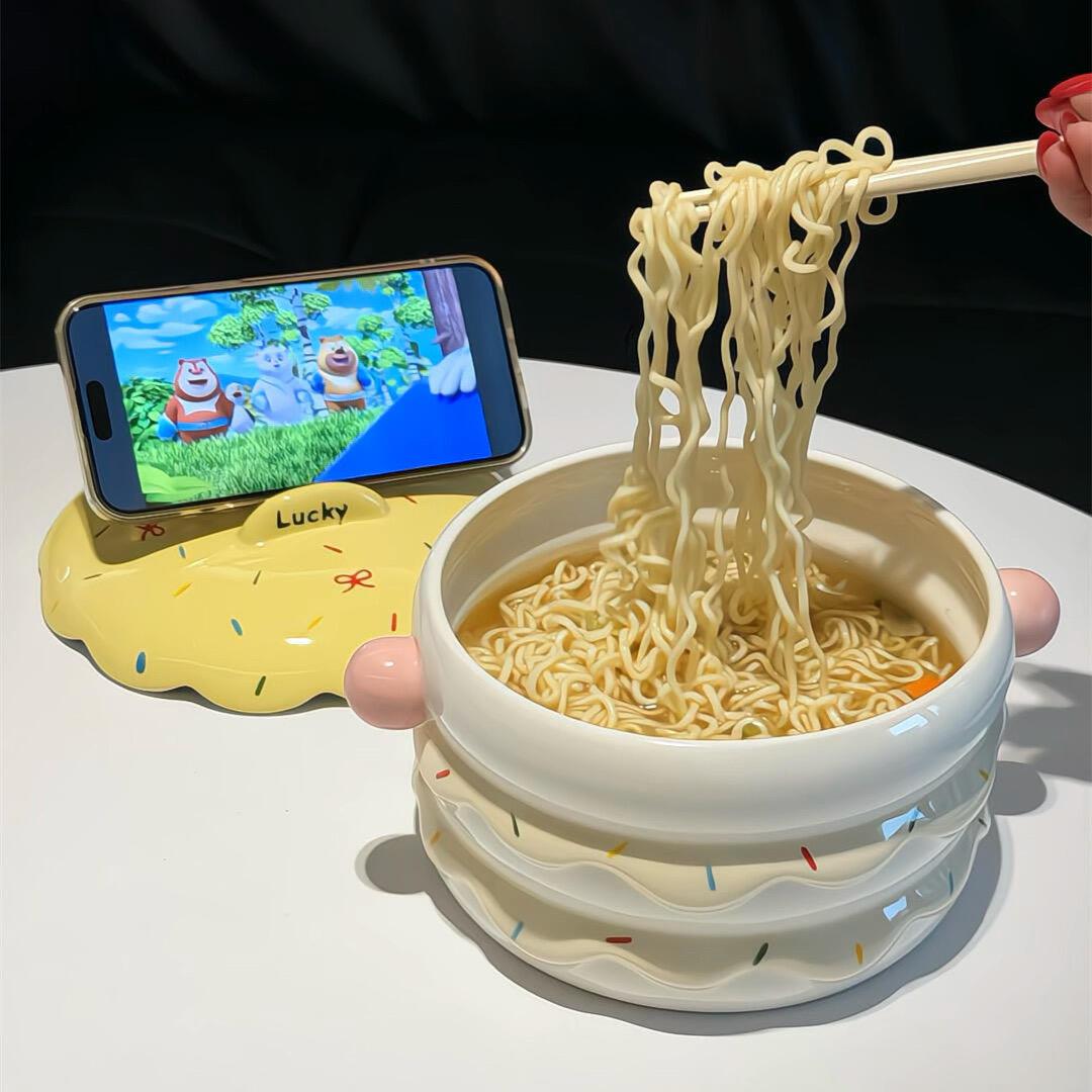 蛋糕泡面碗陶瓷带盖子宿舍学生一人食面碗带手机架家用可微波炉碗