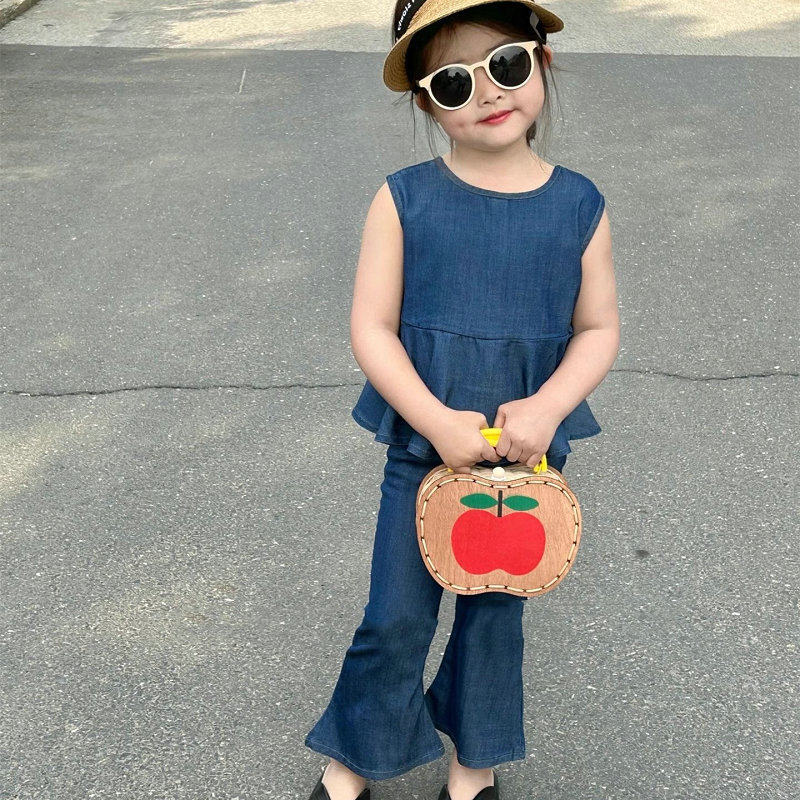 女童套装单排扣牛仔上衣加喇叭裤2026夏装新款童装3-8岁