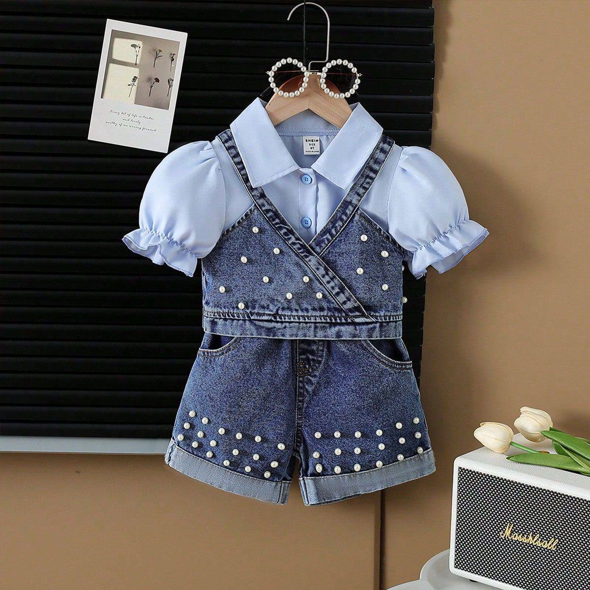 2025新款夏季跨境女童翻领衬衫牛仔马甲珠珠牛仔裤三件套