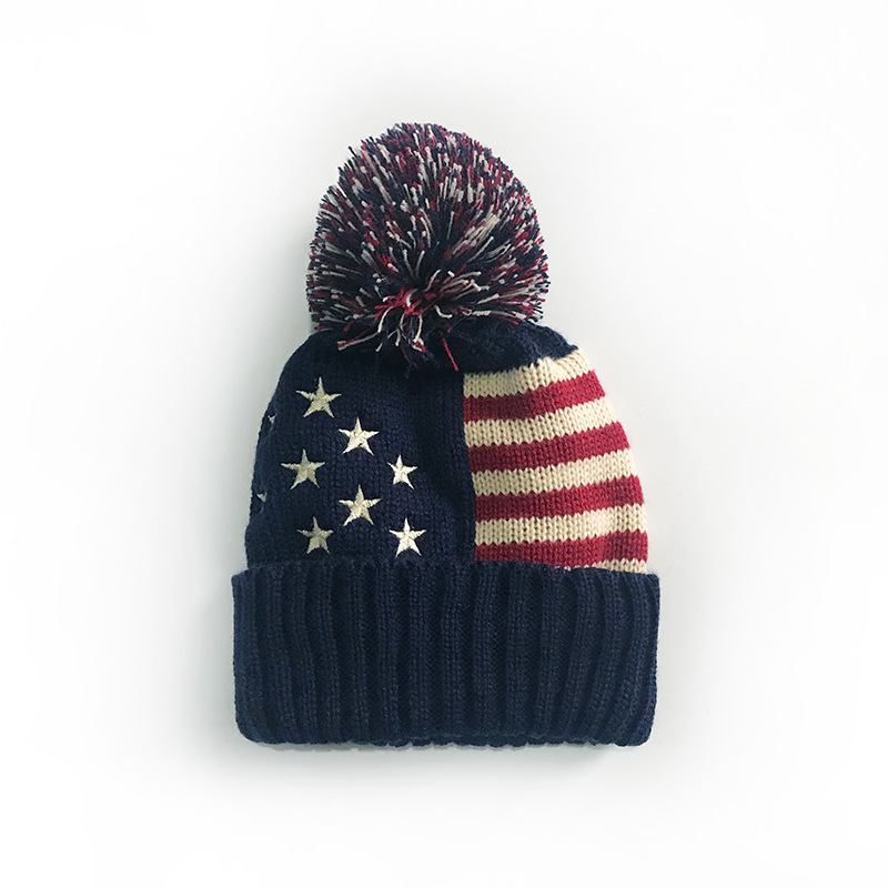 猫哥锋华针织针织大球毛线潮可爱美国国旗毛线帽保暖秋冬帽子