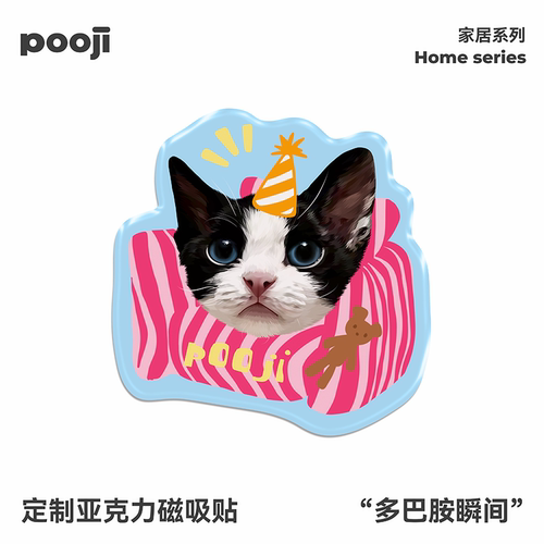 POOJI宠物定制黑白猫生日图案手工滴胶磁吸冰箱贴纪念创意礼物