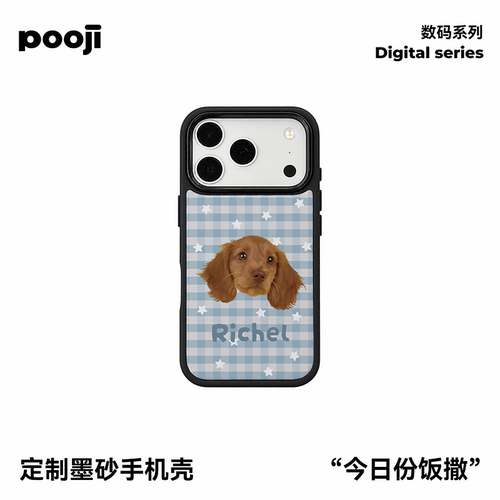 POOJI宠物定制手机壳iPhone17Pro墨砂狗狗照片浅蓝格纹个性定做