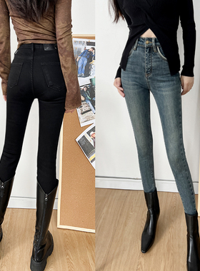 巨显瘦铅笔裤蓝色加绒高腰修身弹力紧身小脚牛仔裤女靴裤子2025冬