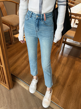 显腿直！蓝色小个子高腰拼接直筒牛仔裤女2025秋季弹力九分烟管裤