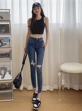 巨显瘦 蓝色高腰破洞小脚牛仔裤女2025年春夏季薄款九分铅笔裤