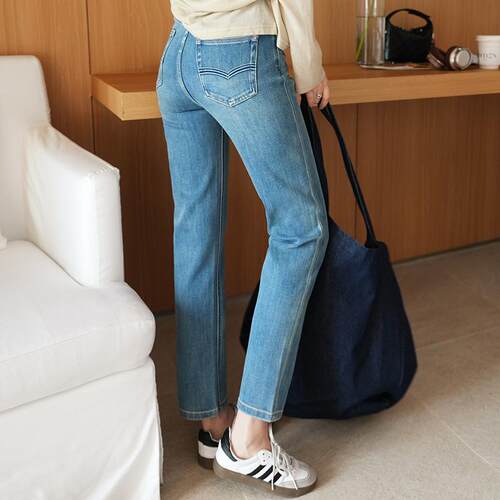 四面弹高腰高腰直筒牛仔裤