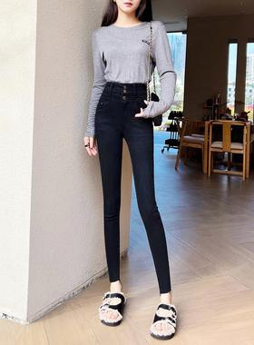 三粒扣高腰收腹小脚裤黑色加绒保暖冬季新款显瘦排扣靴裤