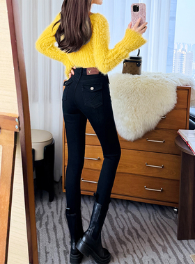 显瘦设计款~提臀黑色加厚绒牛仔裤女冬季高腰紧身九分小脚靴裤