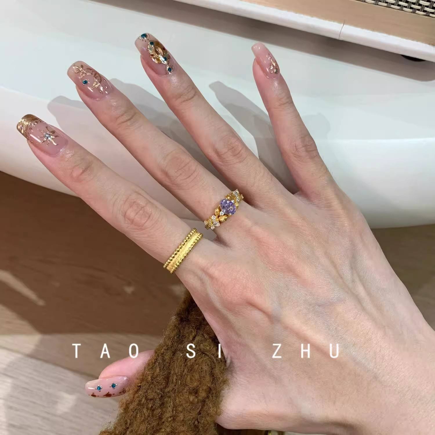 vintage中古紫荆花满天星戒指