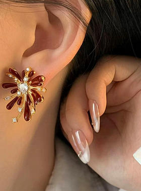 年耳环女烟花红色珐琅滴油耳钉小众独特设计星辰轻奢耳饰烟花珍珠