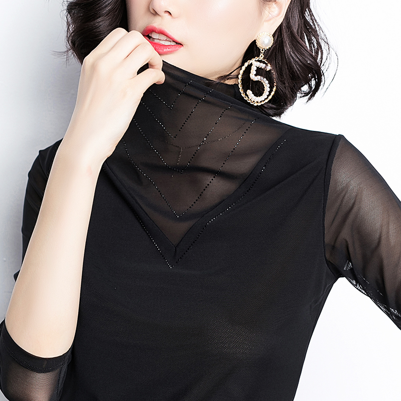 半高领打底衫女秋季新款网纱上衣