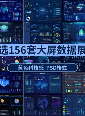蓝色科技感数据可视化Bi大屏图表展示模板深色UI界面PSD设计素材