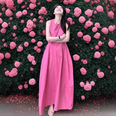 法式多巴胺玫粉色无袖背心连衣裙女夏季大码胖mm宽松收腰显瘦长裙