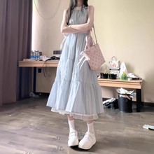 法式温柔风蓝色挂脖吊带连衣裙子女夏季2025新款海边度假气质长裙