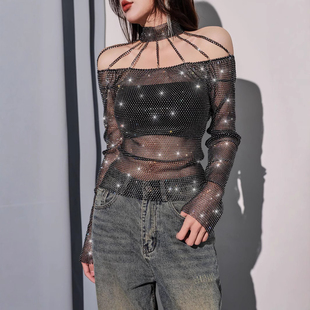 Mesh nightclub diamond-encrusted sexy top水钻网眼性感上衣女