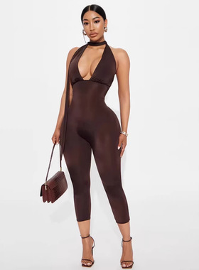 跨境欧美ins风电商挂脖露背镂空简约纯色连衣裤一件代发