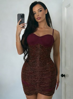 欧美风2026夏季外贸新款时尚气质优雅创意流苏拼接修身吊带连衣裙