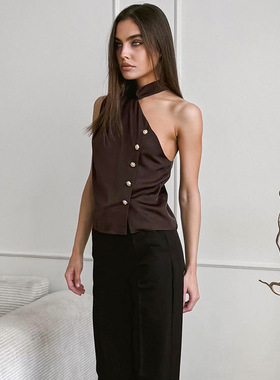 2026新款挂脖吊带背心纽扣设计时尚气质通勤百搭跨境欧美女装上衣