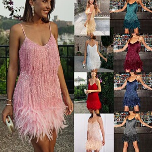 Tassel sequin feather patchwork dress亮片羽毛拼接礼服连衣裙