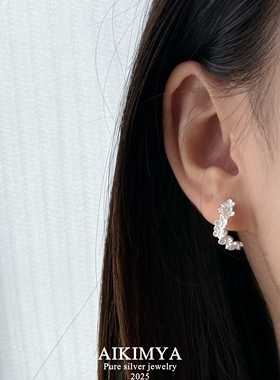 AIKIMYA立体雕刻精致花朵纹理耳钉ins清新甜美气质仙女设计感耳饰