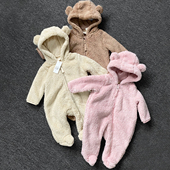 外贸原单 男女宝宝 新生儿秋冬连体衣外出服羊羔毛连帽爬服拉链款