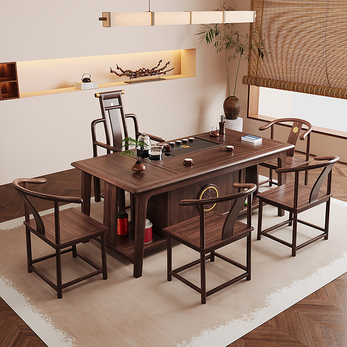 新中式乌金木茶桌椅组合一桌五椅办公客厅禅意实木泡茶台家用茶几