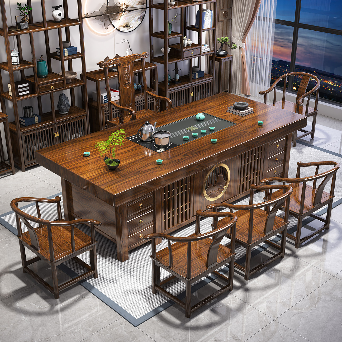 实木大板新中式茶桌椅组合一桌五椅办公室泡茶桌客厅家用茶台茶几