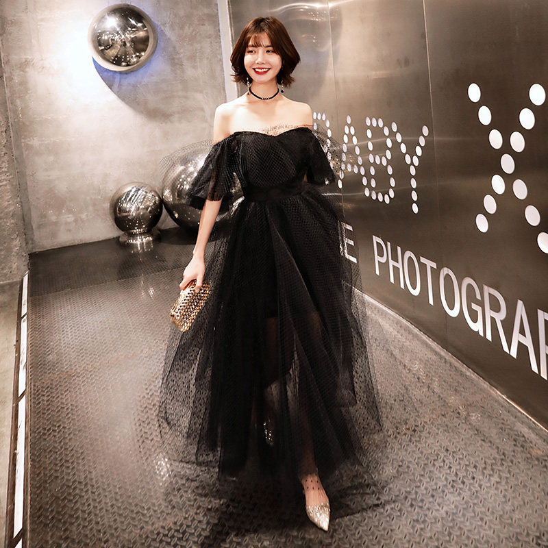 黑色晚礼服女一字肩轻奢小众高端法式高级感生日连衣裙白色轻婚纱