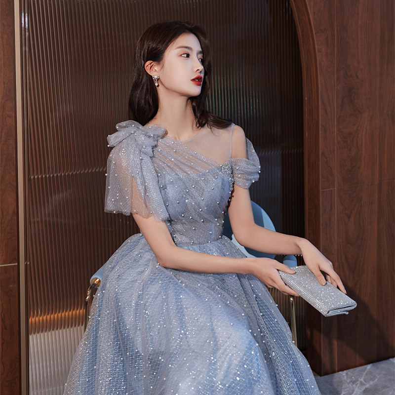 蓝色晚礼服裙女高端轻奢小众高级感主持人生日在逃公主法式轻婚纱