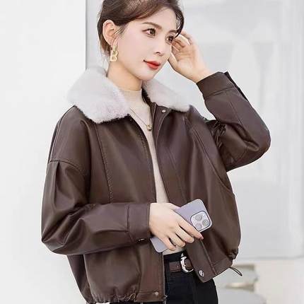皮毛一体加绒加厚美拉德皮衣外套女2024冬季新款小个子机车服夹克