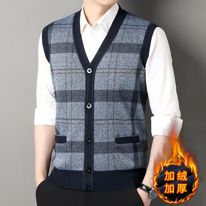 秋冬新款男士毛衣背心休闲V领提花无袖加绒坎肩爸爸针织开衫马甲