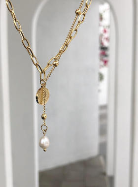 女王圆形金币钱币流苏淡水珍珠拼接项链韩国 钛钢镀金