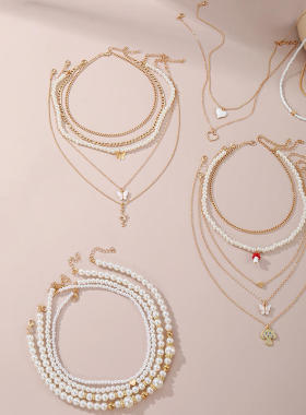 跨境欧美珍珠项链女饰品套装蝴蝶爱心时尚元素女颈链饰品首饰配饰