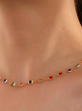 跨境欧美手工链彩色玻璃钻石彩色琉璃女锁骨链时尚项链女首饰配饰