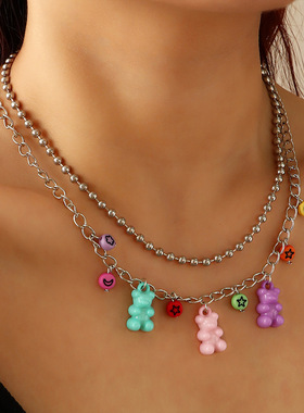 跨境新款饰品 日韩系网红可爱多彩小熊项链DIY个性圆珠锁骨链饰品