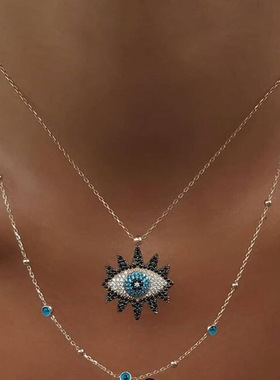 欧美跨境饰品 时尚复古镶满钻恶魔之眼项链眼睛吊坠锁骨链首饰女