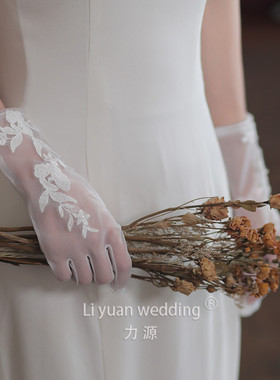 结婚花片缝珠蕾丝中长礼服领证拍照礼仪白色薄纱透明网纱超仙手套