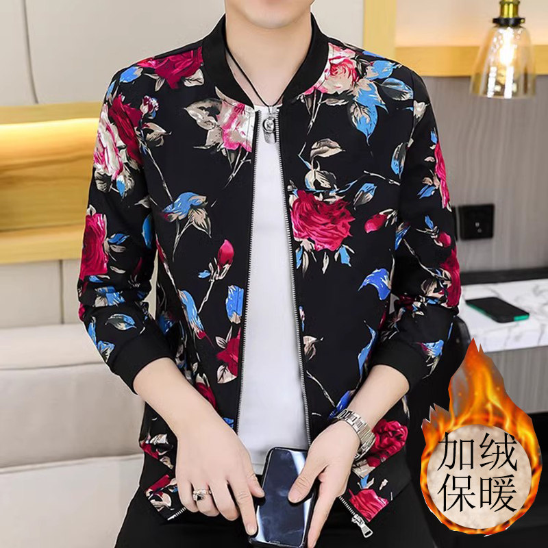 秋冬新款男加绒加厚保暖修身棒球领夹克外套印花青年潮流9981p75图片