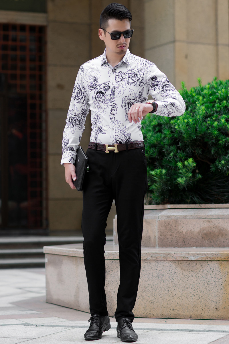 模特图春秋新款男式纯棉弹力时尚潮流加肥加大码长袖衬衫C102p55,男装衬衫,星座1507