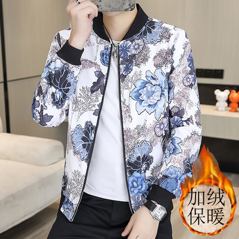 秋冬新款男士加绒加厚保暖花纹拉链夹克男外套印花美发师9981p75,男装夹克,星座1507