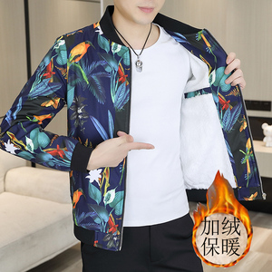 秋冬新款男士花夹克帅气印花时尚休闲修身加绒加厚外套9988p75图片