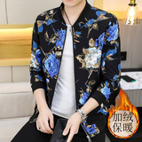 秋冬新款男加绒加厚保暖修身棒球领夹克外套印花青年潮流9981p75，男装夹克，星座1507