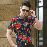 夏季新款花色短袖衬衫时尚休闲加肥加大模特图短袖衬衫潮881p45，男装衬衫，星座1507