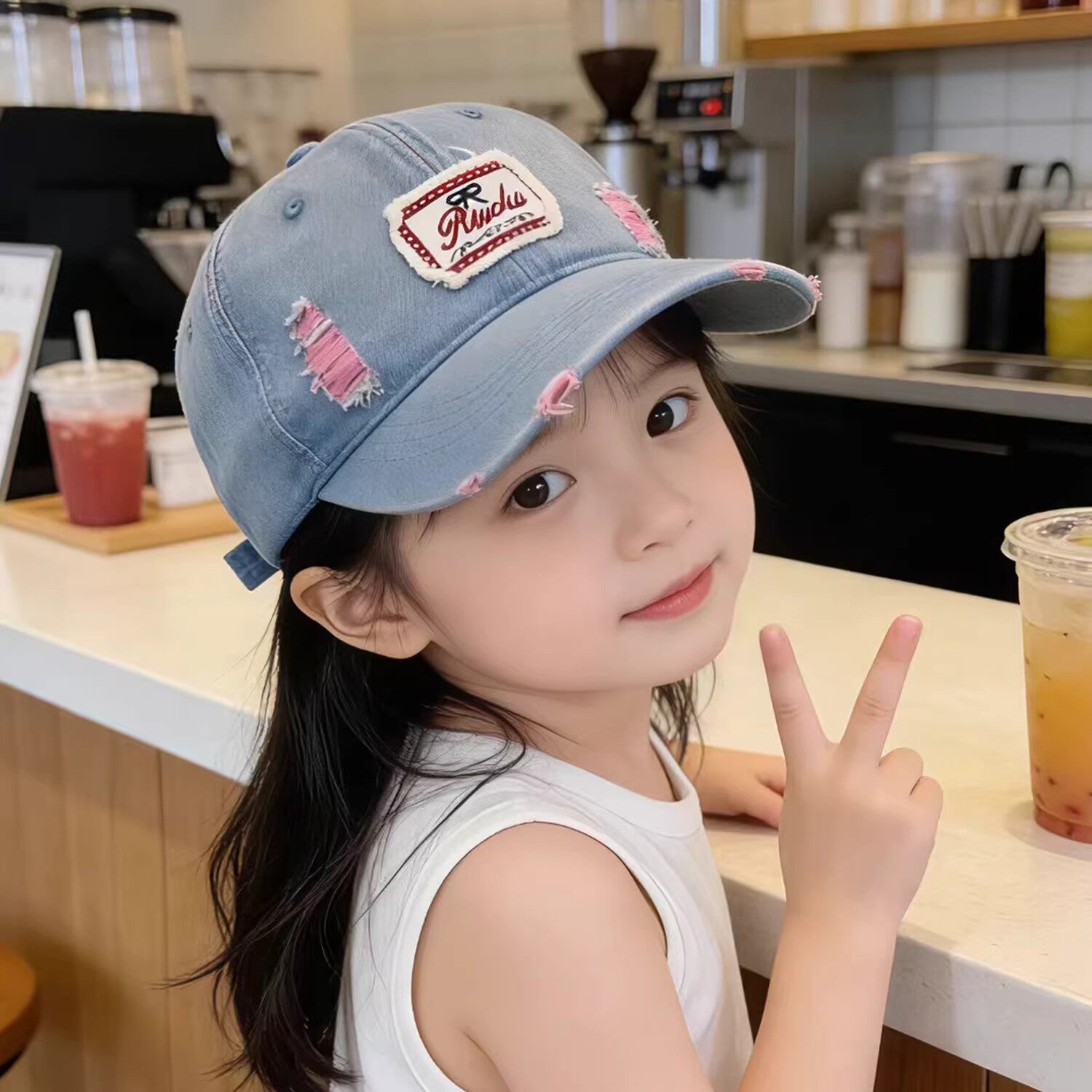 儿童复古破洞牛仔棒球帽女孩韩版刺绣字母显脸小宽帽檐女孩鸭舌帽