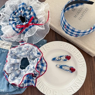 复古红蓝格纹撞色宽边发箍蕾丝花边肠圈发饰不伤发小蛮腰头饰