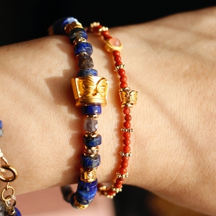 ETunique新年红三星堆面具南红极细叠戴新中式14k注金转运珠手链